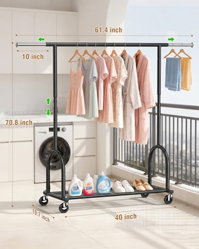 Heavy Duty Clothes Rack for Hanging Clothes Load 424 LBS, Height Adjustable Rolling Clothing Racks, Portable Metal Coat Rack Garment Wardrobe with Wheels and Shelves for Bedroom Laundry, Black - color: Black, style: 1 Shelf