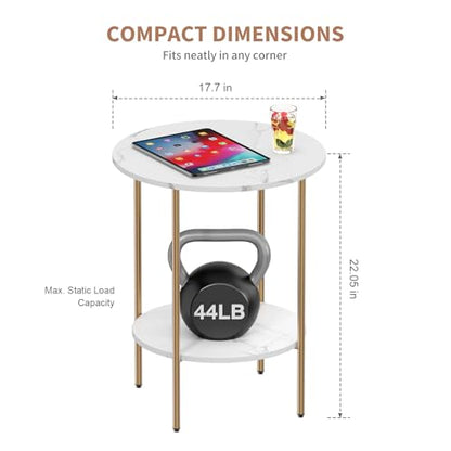 Side Table, Round End Table with 2 Storage Shelves, Compact Living Room Accent Table, Space-Saving Small Bedside Table, 18x18x22in, Marble White