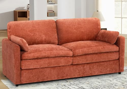 69" Chenille Soft Sofa w/Well-Filled Backrests, Orange | Modern Loveseat w/Plump Pillows, 2 Seater Upholstered Couch w/Thick & Comfy Cushions for Living Room, Bedroom - color: Orange, size: Loveseat