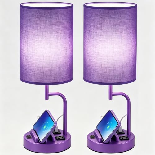 Dreamholder 2 Pack Table Lamp, Bedside Lamp with 3 USB Charging Ports & AC Outlet, USB Desk Lamp with 2 Phone Holders, Linen Fabric Shade Nightstand Lamps for Bedroom Living Room Office, Purple - color: Purple