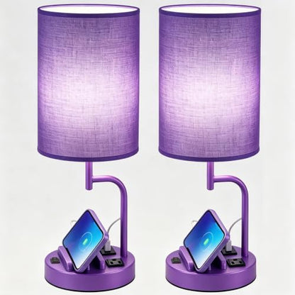 Dreamholder 2 Pack Table Lamp, Bedside Lamp with 3 USB Charging Ports & AC Outlet, USB Desk Lamp with 2 Phone Holders, Linen Fabric Shade Nightstand Lamps for Bedroom Living Room Office, Purple - color: Purple