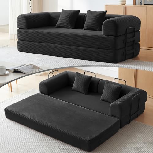 79" Convertible Sofa Bed, Boneless Couch for Living Room (Black) | Corduroy Boneless Loveseat Sleeper Sofa, Modular Futon Couch with 2 pillow, Pull Out Couch No Assembly - color: Black, size: 79"Convertible Sofa Bed