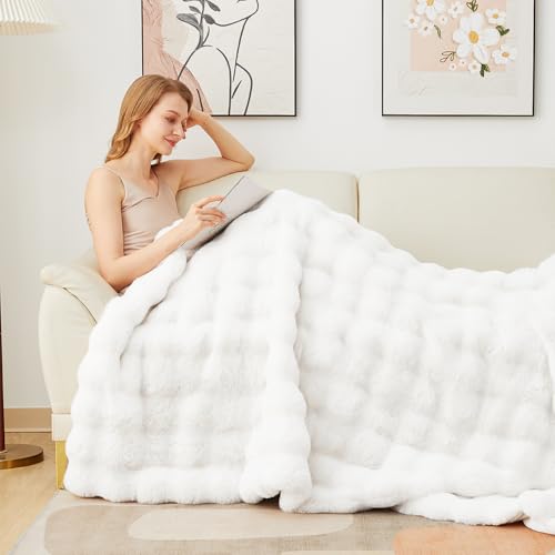 Latepis White Throw Blanket for Couch, Soft Faux Fur Bubble Blankets for Sofa Bedroom Living Room, Cozy Warm Fluffy Blanket for Winter, Great Birthday Gift Selection, 50x60 Inch, 860GSM - color: White, size: Throw-50''*60''