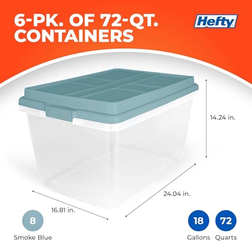 Hefty HI-RISE Stackable Storage Bins - Under Bed Storage Containers with Lids, Shoe Organizer, Plastic Storage Bins, Clear Shoe Boxes with XL Lid-Locking Latches, Durable Double Rim - 72qt (6 Pack) - size: 72 Qt - 6 Pack