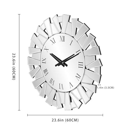 SHYFOY Silver Wall Clock, 24" Large Modern Mirror Clock | Roman Numerals, Luxury Art Wall Decor,Ideal Decoration for Living Room, Bedroom and Dining Room - size: Irregular