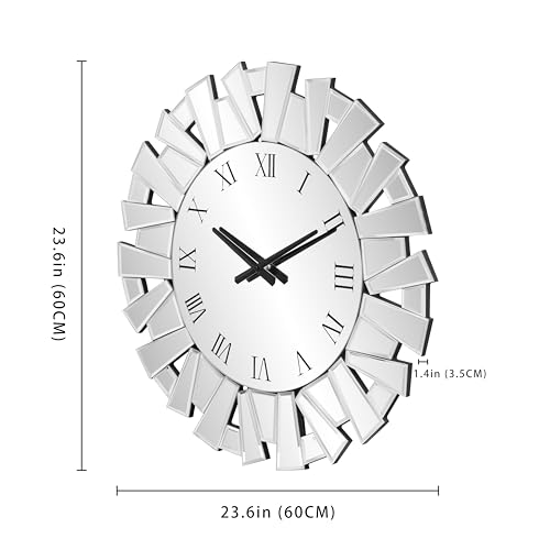 SHYFOY Silver Wall Clock, 24" Large Modern Mirror Clock | Roman Numerals, Luxury Art Wall Decor,Ideal Decoration for Living Room, Bedroom and Dining Room - size: Irregular