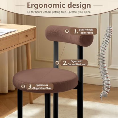 Cute Small Armless Desk Chair, Ergonomic Comfy Vanity Chairs Lumbar Support with Back for Makeup, Teddy Fabric Computer Desk Chair for Home, Bedroom, Vanity, Teens, Adults - color: Brown