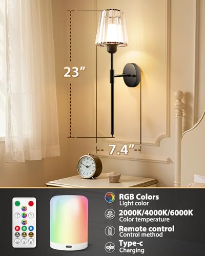 Adetu 23 inch Crystal Battery Operated Wall Sconce Set of 2 | Black Rechargeable Wall Sconce with 10000mAh Magnetic Bulbs, RGB Dimmable Wireless Wall Lamp for Bedroom Living Room - color: Black, size: 23 Inch