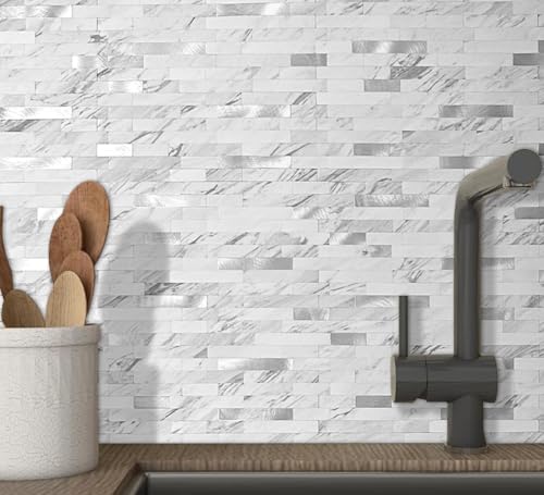 DICOFUN 10 Sheets Marble Look Peel and Stick Backsplash Wall Tile, PVC Kitchen Backsplash Peel and Stick in White, 9.4 sq.ft - color: White Stone and Metal Silver, size: 10 Sheets, 12’’x12’’x0.12’’