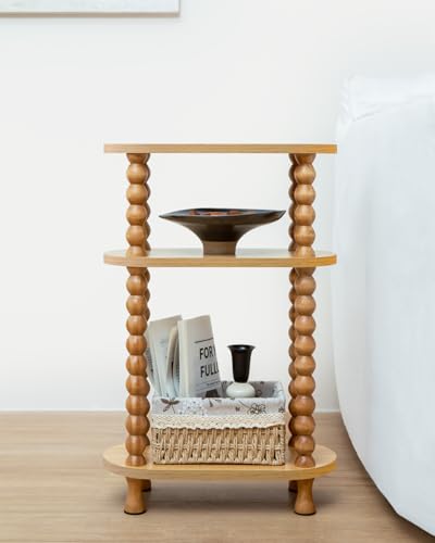 3-Tier Narrow Side Table, Slim End Table for Small Spaces | Skinny wooden side table with shelf storage. Ideal as living room accent or bedroom nightstand.Easy assembly, space-saving - color: Nature
