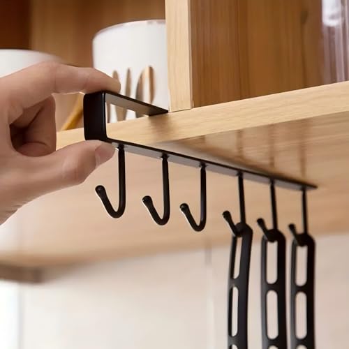 1PC Under Cabinet Mug Rack Hanger, Black Steel Cup Hook Holder for Coffee Mugs, Utensils, Keys, Scarves Fits 0.8" Cabinets Space-Saving Home Organization