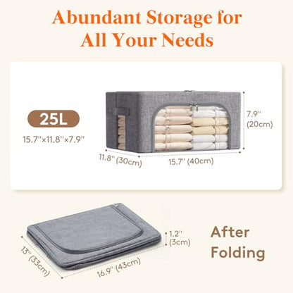 Lifewit Clothes Storage Bins with Metal Frame, Stackable Storage Box, Foldable Clothing Storage Bins with Lids, 25L Storage Bags Fabric Box Organizer with Clear Window＆ Zippers＆ Sturdy Handles 6 Pack - size: 25L