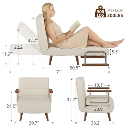 SUIYIMU Folding Chair Bed, 3-in-1 Convertible Sleeper Chair Bed, Futon Chair with 6-Level Adjustable Backrest for Guest Room Apartment Dorm, Cream Beige-Walnut - color: Walnut and Beige Color