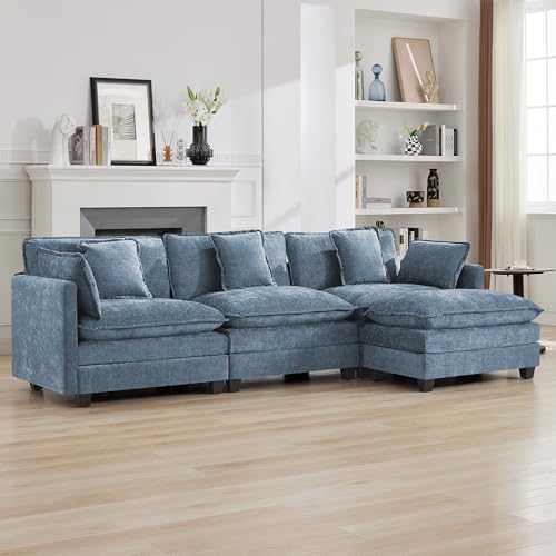 111'' Sectional Cloud Deep Seat Couch, Modern Comfy Chenille L Shaped Sectional Sofa for Living Room Set, Upholstered Modular 4-Seats Sofa Couch with 1 Movable Ottoman, Blue - color: Blue, size: 111'' L Shape