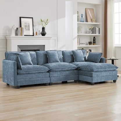 111'' Sectional Cloud Deep Seat Couch, Modern Comfy Chenille L Shaped Sectional Sofa for Living Room Set, Upholstered Modular 4-Seats Sofa Couch with 1 Movable Ottoman, Blue - color: Blue, size: 111'' L Shape