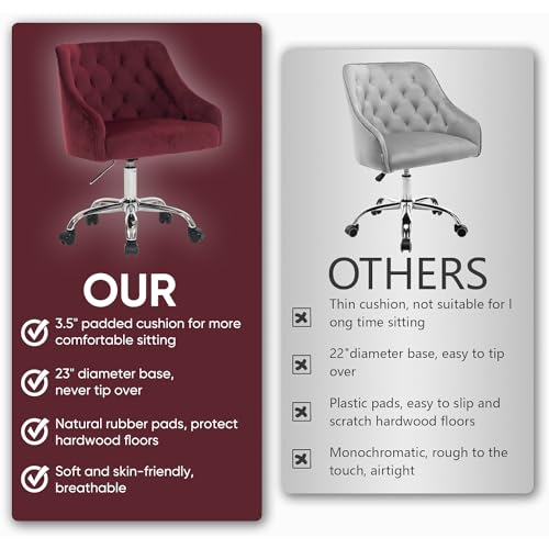 MOJAY Velvet Office Swivel Chair, Vanity Fabric Desk Pretty Fancy Gold Office Chairs for Girls, 360°Swivel Height Adjustable Reception Chair (Burgundy) - color: Burgundy