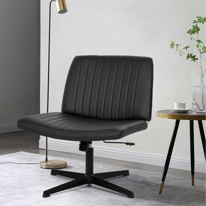 Criss Cross Chair, Armless Cross Legged Office Chair, Comfortable Vanity Chair with Back, Fabric Adjustable Wide Swivel Criss Cross Desk Chair for Home Office, Black - color: Black