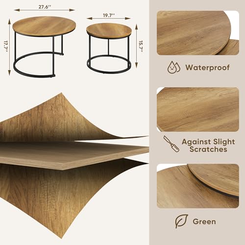 Smuxee Nesting Coffee Table Set of 2, 27.6" Round Coffee Table Wood Grain Top with Adjustable Non-Slip Feet, Industrial End Table Side Tables for Living Room Bedroom Balcony Yard - color: Brown, size: 27.6"W