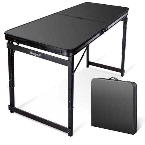 Folding Camping Table, Black Aluminum Frame,3-Position Adjustable Height,Lightweight Carry Handle, Portable for Travel, Camping Outdoor Use, 4FT x 2FT with Hole(Large), Black - size: 4 ft × 2 ft × 2.3 ft H, with Umbrella Hole