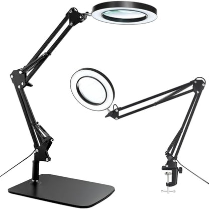 15X Magnifying Glass with Light – Real Glass Lens, 3 Color Modes & Adjustable Brightness – 2-in-1 Desk Lamp with Clamp & Heavy Base – Flexible Swing Arm – Ideal for Crafts, Reading, Repair, Seniors