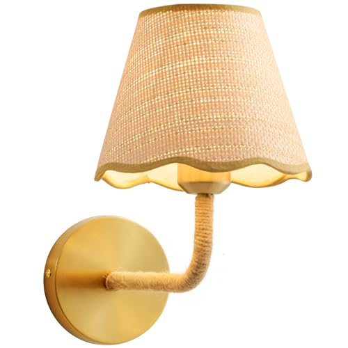 Boho Hand Woven Ratten Wall Sconce, Single Wall Sconce with Grass-Woven Lampshade for Bedroom Living Room Hallway Porch, E26 Base, (Hardwired (1 Pack)) - size: Hardwired (1 Pack)