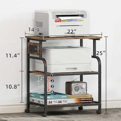 YAOHUOO 3 Tier Large Printer Stand with Power Outlet/Adjustable Shelf | 22"x15" Large Top,Fit 2-3 printers,Rolling Cart with Wheels,Table for Home Office,Fit 3D Printer/Heat Press/Laser,Brown - color: Rustic Brown, size: 22"×15"