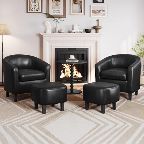 Yaheetech Accent Chairs with Ottoman, Faux Leather Set of 2, Black | Water-resistant Faux Leather Chairs with High-density Foam and Solid Wood Legs for Living Room, Waiting Room, Small Space - color: Black(faux Leather), style: with Ottoman