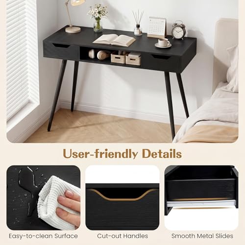GIANTEX Mid Century Modern Computer Desk with Drawers, 42.5" Writing Desk with Open Storage Cubby, Vanity Table with Metal Leg, Compact Wooden Study Table for Small Spaces Home Office (Black) - color: Black