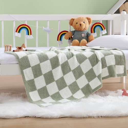 Soft Checkered Throw Blanket for Couch-Cozy Warm Knitted Blankets | Lightweight Fluffy Decor for Boys & Girls, Sofa, Chair, Bed, 30x40in,Sage Green - color: Aloe Sage, size: Small(30''x40'')