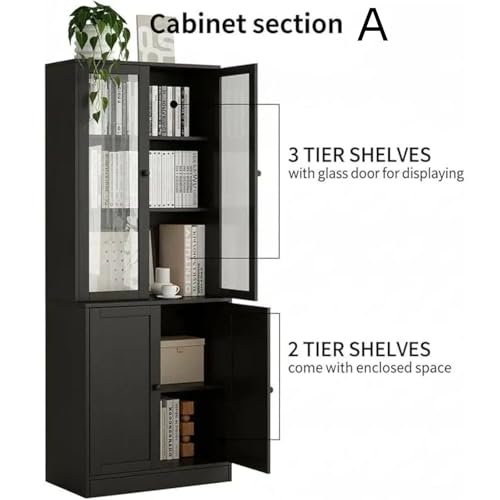 TUSY 71" TV Stand Storage Set, Black, AEEA | 2 Tall Bookcases & 2 Side Cabinets, Media Console with Glass & Wood Doors, Entertainment Center with Drawers - color: Black