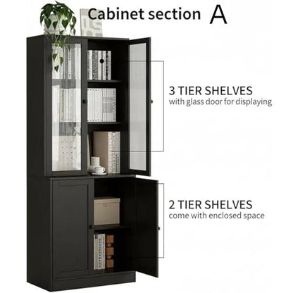 TUSY 71" TV Stand Storage Set, Black, AEEA | 2 Tall Bookcases & 2 Side Cabinets, Media Console with Glass & Wood Doors, Entertainment Center with Drawers - color: Black