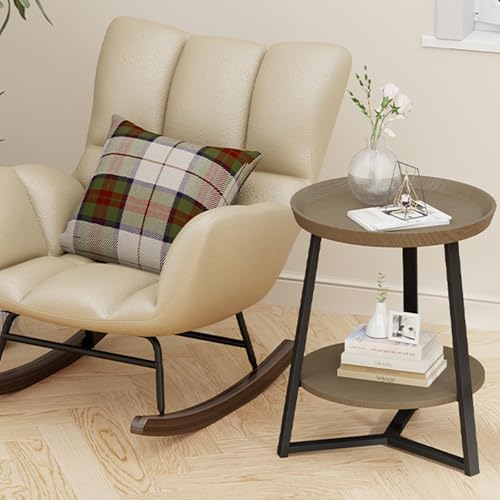 Round End Table, Walnut Color 15.7 * 15.7 * 23.0inches | with Storage Shelf, 2 Tier Farmhouse Side Table Nightstand for Living Room, Bedroom, Wood Tabletop & Black Metal Frame - color: Walnut, size: 15.7"D x 15.7"W x 23"H (no Charging Station)
