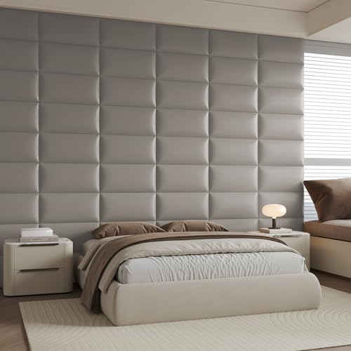 Wall-Mounted Upholstered Headboard Panels, 24x12 Inches, Light Grey Imitation Leather, Pack of 6 – DIY Soundproof Accent Wall Panels, Anti-Collision Padding, Easy to Clean, Modern Bedroom Décor - color: Leather-light Gray