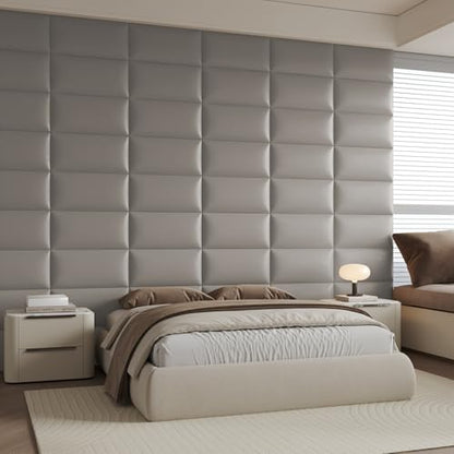 Wall-Mounted Upholstered Headboard Panels, 24x12 Inches, Light Grey Imitation Leather, Pack of 6 – DIY Soundproof Accent Wall Panels, Anti-Collision Padding, Easy to Clean, Modern Bedroom Décor - color: Leather-light Gray