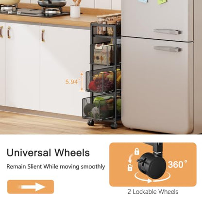 4 Tier Narrow Kitchen Rolling Cart, 9.1" Wide Slim Kitchen Storage Cart with Pull-Out Baskets, Adjust Pantry Organizer and Storage Cart with Wheels, Multifunctional Fruit Vegetable Spice Storage Cart - size: Small 4 Tier Black