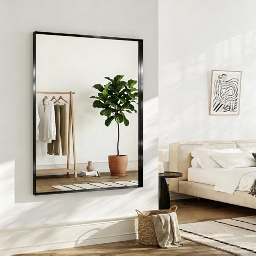 48x36 Black Bathroom Mirrors for Over Sink, Wall Mounted Bathroom Vanity Mirror, HD Distortion-Free Tempered Glass, Anti-Rust Brushed Matte Aluminum Alloy Frame, Horizontal or Vertical Hanging - size: 48"L x 36"W