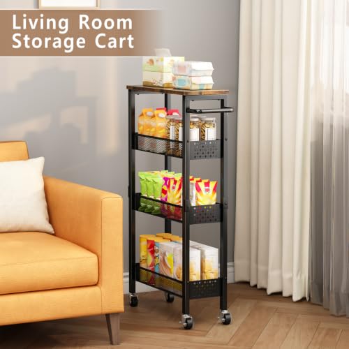 Slim Storage Cart with Wheels, 4 Tier Metal Rolling Organizer with Wood Top and Handle, Narrow Utility Shelf for Kitchen Bathroom Laundry Room, Black - color: Black-7.1inch