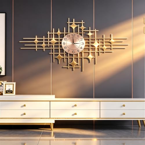Gold Large Decorative Wall Clock, Modern Metal Wall Clock with Four-Pointed Star Design, Silent Non-Ticking Battery Operated Wall Art for Living Room Bedroom Office Home Decor
