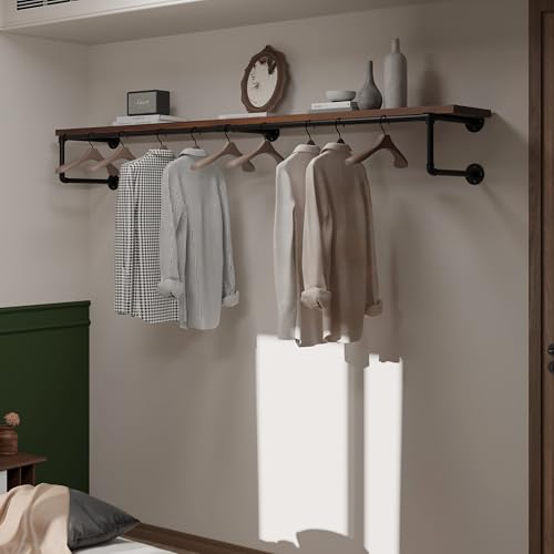 Clothes Rack 70in, Wall Mounted Garment Racks with Walnut Solid Wood Shelf, Heavy Duty Hanging Clothes Rack, Multi-Purpose Hanging Rod, Space-Saving Closet Storage - color: Walnut, size: 1T70IN