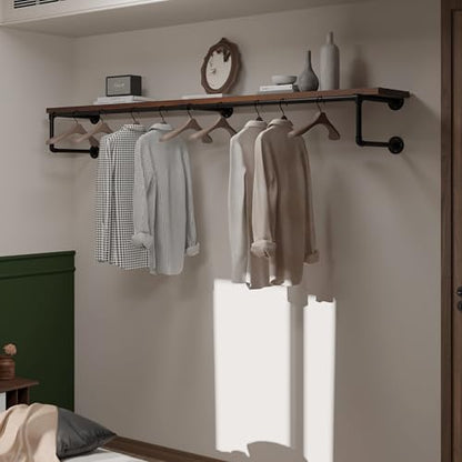 Clothes Rack 70in, Wall Mounted Garment Racks with Walnut Solid Wood Shelf, Heavy Duty Hanging Clothes Rack, Multi-Purpose Hanging Rod, Space-Saving Closet Storage - color: Walnut, size: 1T70IN