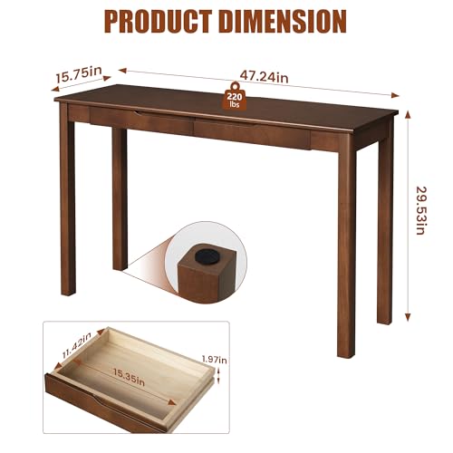 100% Solid Wooden Desk with Drawers - 47 x 16 Inch Mid Century Narrow Desk, Vintage Writing Desks with Drawers, Simple Work Study Table, Small Desks for Small Spaces, Walnut Color - size: 47.2 in W x 15.7 in D