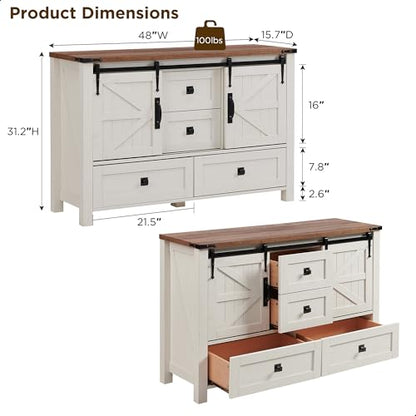 T4TREAM 48" Wide Farmhouse Sideboard Buffet Cabinet, Antique White | 31.2" Tall Kitchen Cabinet with Storage, 2 Sliding Barn Doors, 4 Drawers, Rustic Wood, Coffee Bar Table, Dining Room - color: Antique White