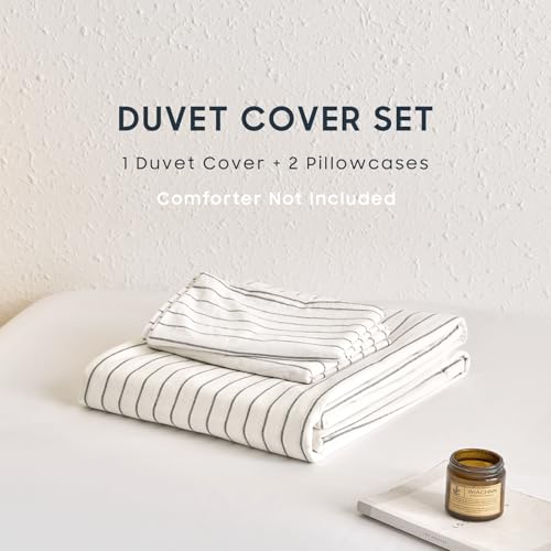 Wake In Cloud - Striped Cotton Duvet Cover Set, Ticking Stripe Vertical Pinstripe Farmhouse, 100% Washed Cotton Textured Bedding Set, 3 Pieces, White, Full Size - color: White, size: Full