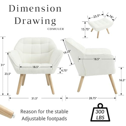 White Sherpa Accent Chair with Ottoman ，Modern Reading Chairs with Ottoman Set, Comfy Fuzzy Armchair Living Room Chair Lounge Chair with Wood Legs for Small Spaces Bedroom Apartment - color: White, size: Chair with Ottoman