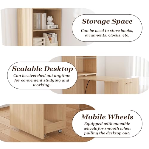 Natural Foldable Office Desk, Fold Out Convertible Hidden Murphy Computer Desk with Storage Shelves, Multi-Function Folding Writing Table for for Small Spaces, Home Office - color: Natural