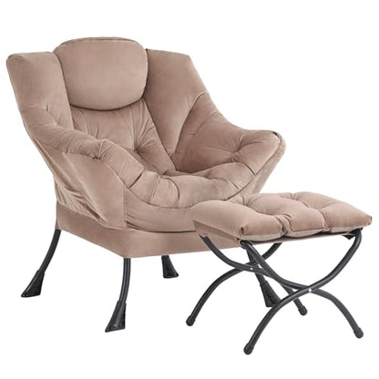 Modern Lazy Chair with Ottoman Lounge Accent Reading Chair for Living Room | Foldable Footstool,Removable Cover,Soft Padded Seat & Backrest,Upholstered Comfy Chair for Bedroom,Dorm,Office,Small Space - color: Velvet Khaki