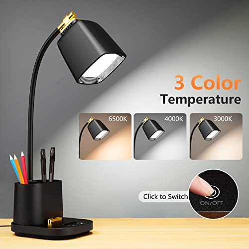 LED Desk Lamp with USB Charging Port Touch Control 3 Color Modes, Stepless Dimming,Eye-Caring LED Table Lamp for Home,Office,Bedroom,Reading,Work,Study,Gooseneck Lamp, 5V, 2.4A - color: Black