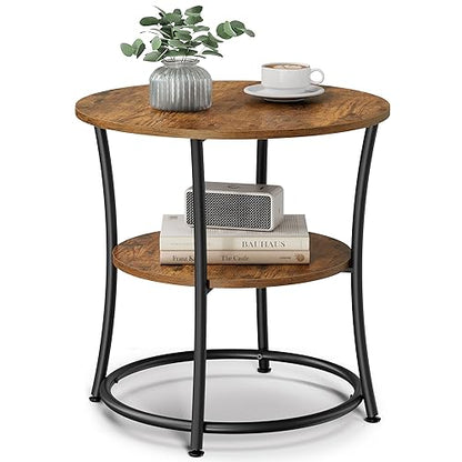 VASAGLE 21.7-Inch Round Side Table, 2-Tier End Table | Nightstand with Steel Frame, Spacious Top, for Small Spaces, Living Room, Bedroom, Rustic Brown and Ink Black ULET56BX - color: Rustic Brown + Ink Black, style: Without Power Strip