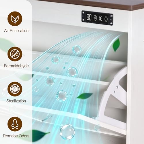 Shoe Storage Cabinet with Deodorizer, Narrow Entryway Storage, Anti-Tip | Deodorizer with 4 Modes , 2 Flip Drawers , Adjustable Shelves , Narrow White Design , Anti-Tip Kit , 9.4"D x 31.4"W - size: 38.9"H x 31.4"W x 9.4"D