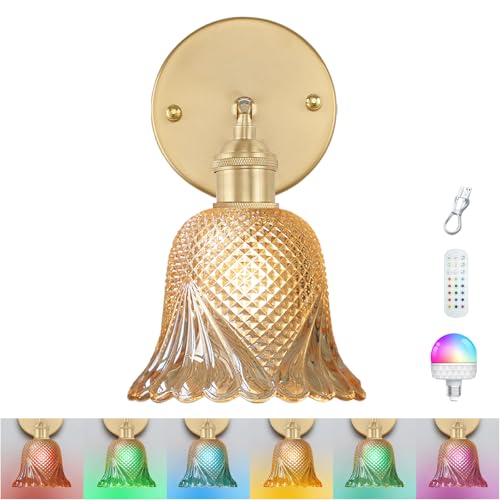 GEEZO Vintage Battery Operated Wall Sconce, with Rechargeable Battery Powered Wall Light with Remote Control for Bedside Bedroom - color: Ripple Gold, size: (1 pack)